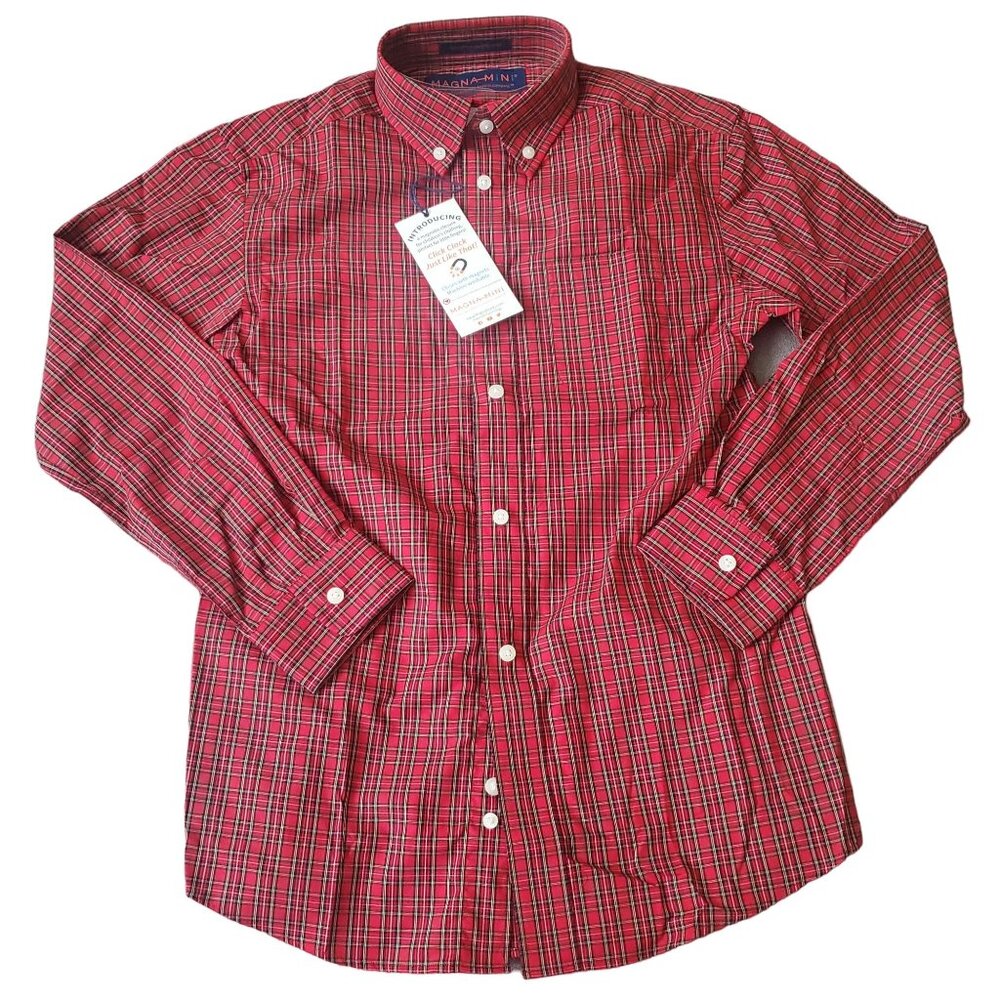 MagnaReady dress shirt boys sz medium Red plaid magnetic button down Long sleeve